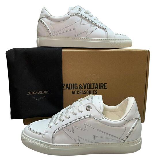 ZADIG & VOLTAIRE Zv1747 Flash White Cow Leather Low Top Studded Sneakers Sz 38 - Picture 1 of 15